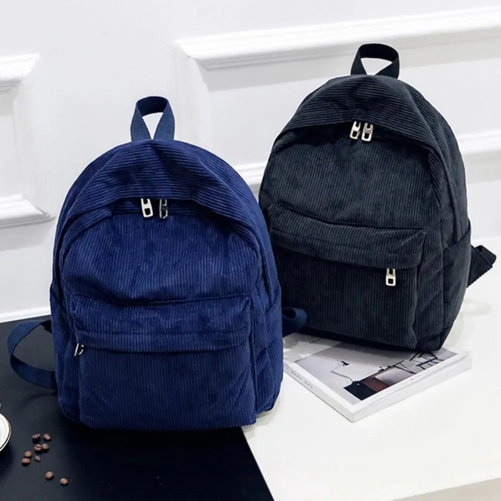 Large Capacity Corduroy Backpack Solid Zip Student Schoolbag