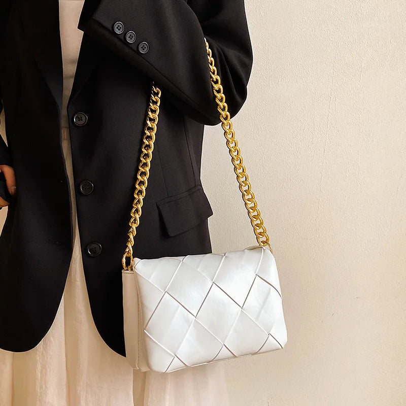Large Capacity PU Braided Women's Shoulder Bag Thick Chain Casual Small Square B