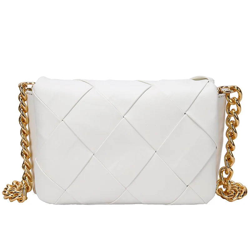 Large Capacity PU Braided Women's Shoulder Bag Thick Chain Casual Small Square B