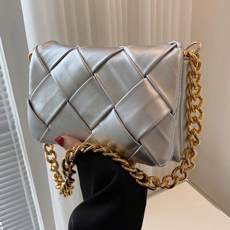 Large Capacity PU Braided Women's Shoulder Bag Thick Chain Casual Small Square B