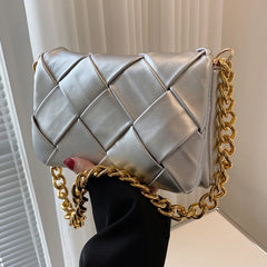 Large Capacity PU Braided Women's Shoulder Bag Thick Chain Casual Small Square B