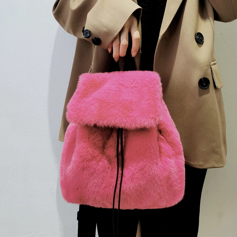 Large Capacity Rabbit Hair School Backpack Hot Girl Versatile Rose Red Schoolbag