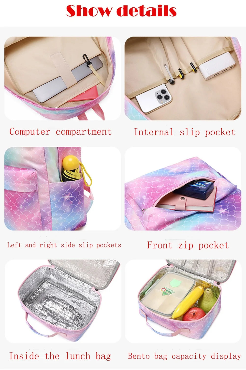 Large-Capacity School Backpack With Lunch Box for Girls Kids Travel Bag