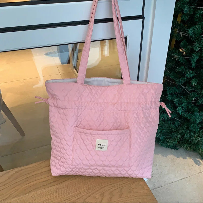 Large Capacity Shopping Bag Women Solid Drawstring Foldable Shoulder Bags