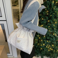 Large Capacity Shopping Bag Women Solid Drawstring Foldable Shoulder Bags