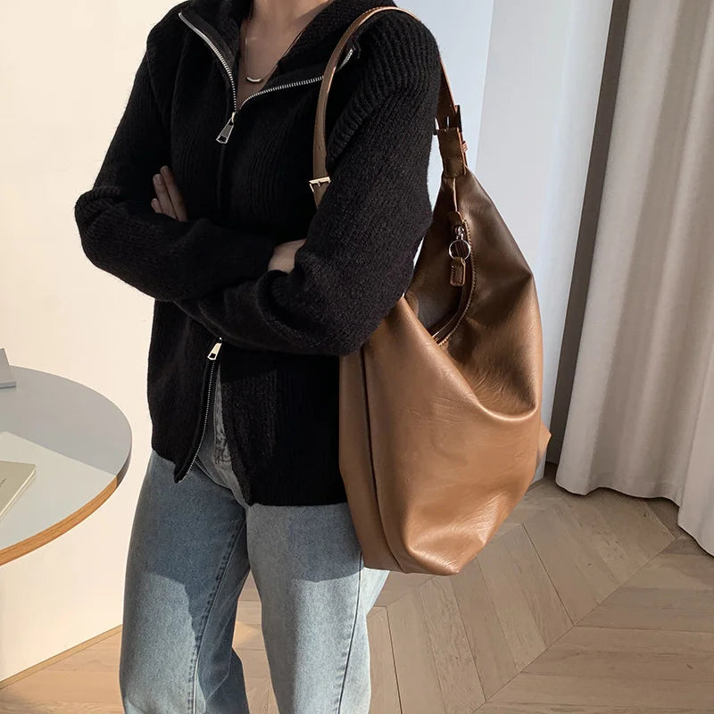 Women's Leather Shoulder Bag with Zipper Closure