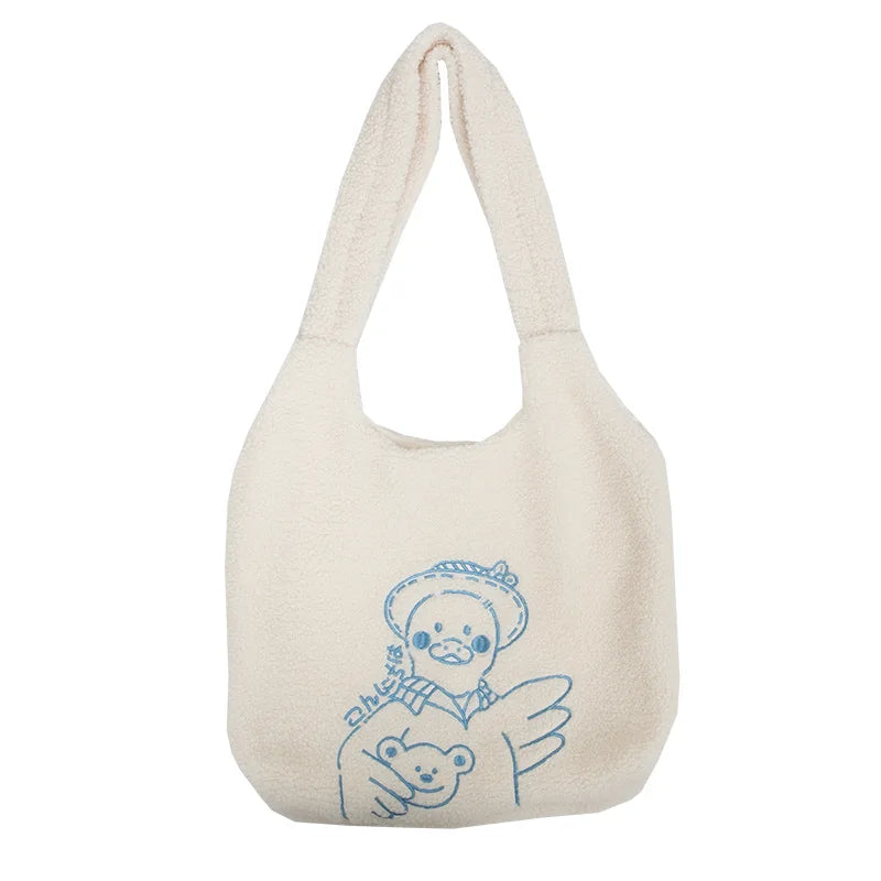 Soft Shopping Bags School Bag for Girls Women Lamb Fabric Shoulder Bag Fluffy Fu