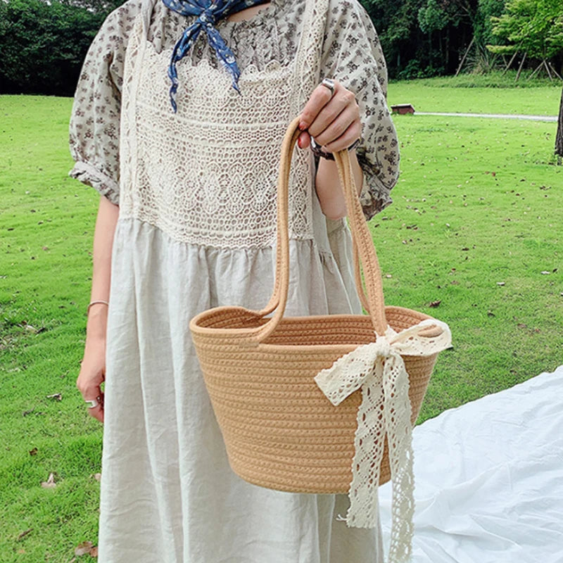 Straw Bucket Bag for Women Large Capacity Summer Beach Handbag