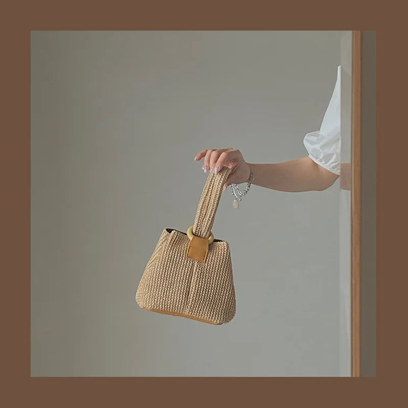 Large Straw Woven Bucket Bag for Women Chain Shoulder Bag