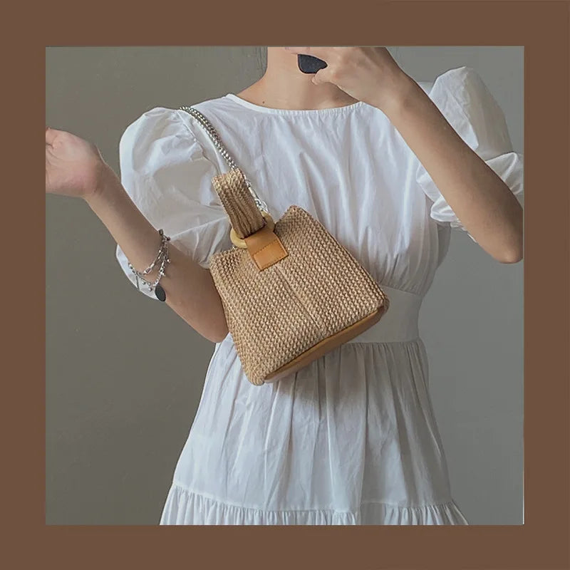 Large Straw Woven Bucket Bag for Women Chain Shoulder Bag