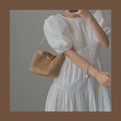 Large Straw Woven Bucket Bag for Women Chain Shoulder Bag