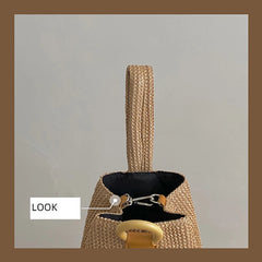 Large Straw Woven Bucket Bag for Women Chain Shoulder Bag