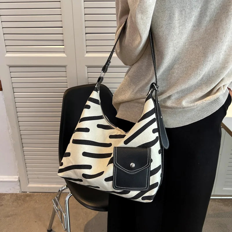Striped Canvas Side Bag For Women Large Capacity Handbags