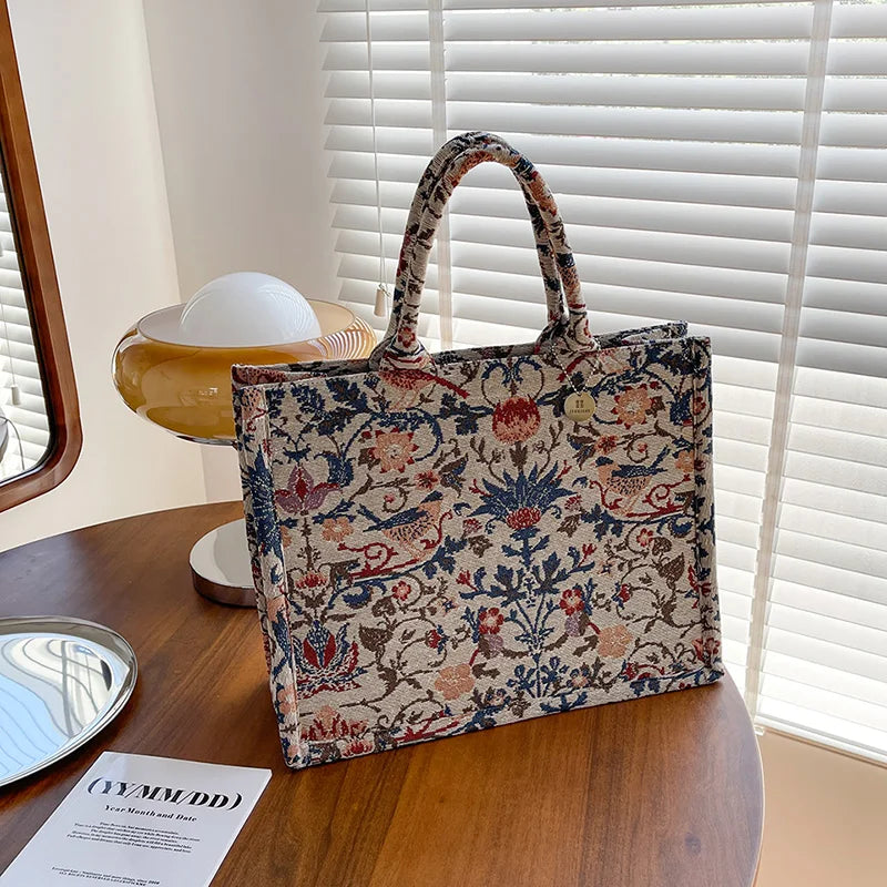 Embroidered Canvas Shoulder Bag Large Tote Handbag