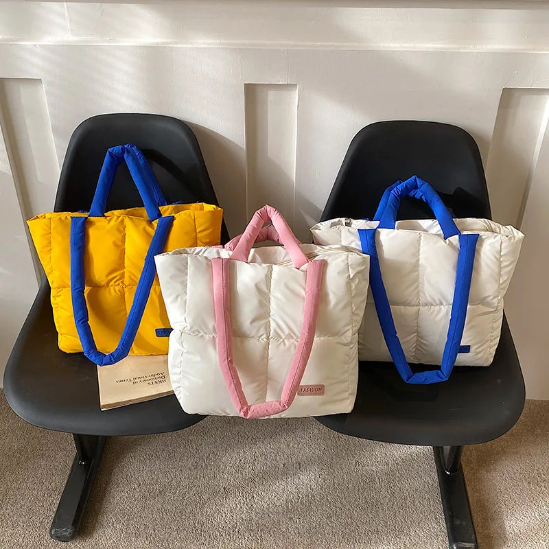 Large Winter Tote Handbag Women Shoulder Bag Down Cotton Shopping Purse