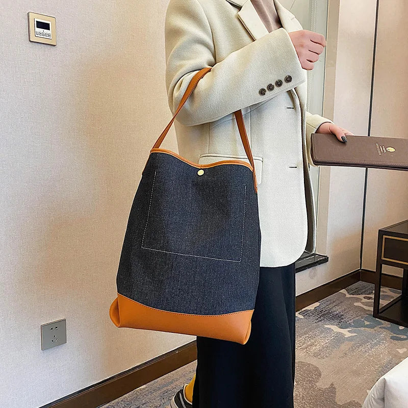 Large Capacity Women Canvas Handbags Denim Shoulder Bags Solid Casual Tote Bag