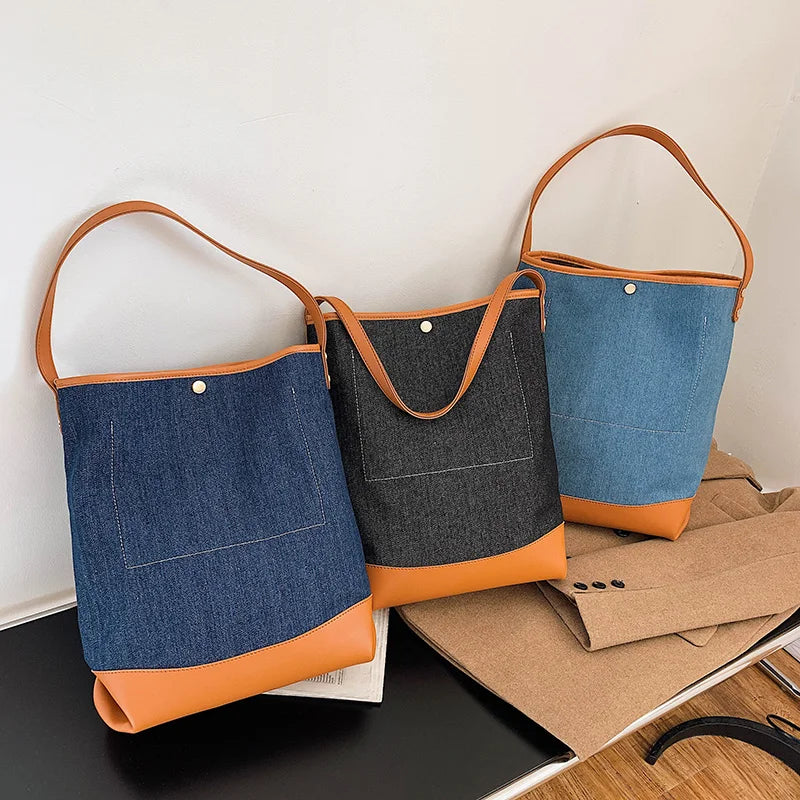 Large Capacity Women Canvas Handbags Denim Shoulder Bags Solid Casual Tote Bag