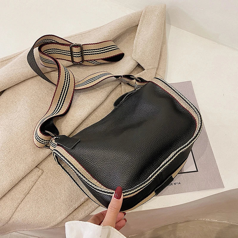 Large Capacity Leather Crossbody Bag with Wide Shoulder Strap