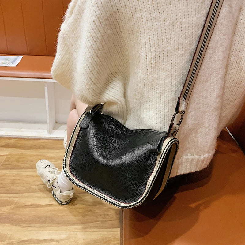 Large Capacity Leather Crossbody Bag with Wide Shoulder Strap