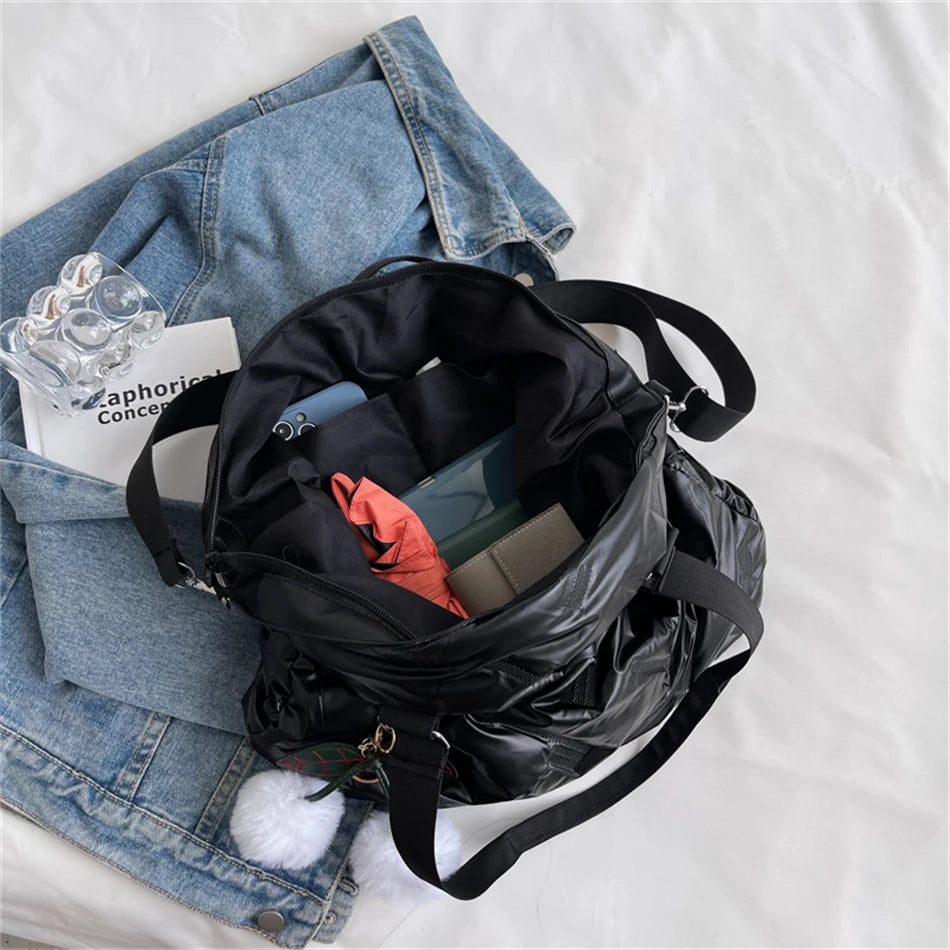 Large Capacity Women Down Fabric Shoulder Crossbody Bags with Hair Ball Purses
