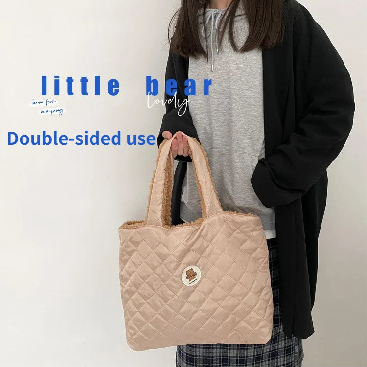 Large Capacity Women Lamb Wool Handbags Bear Female Furry Shoulder Bag