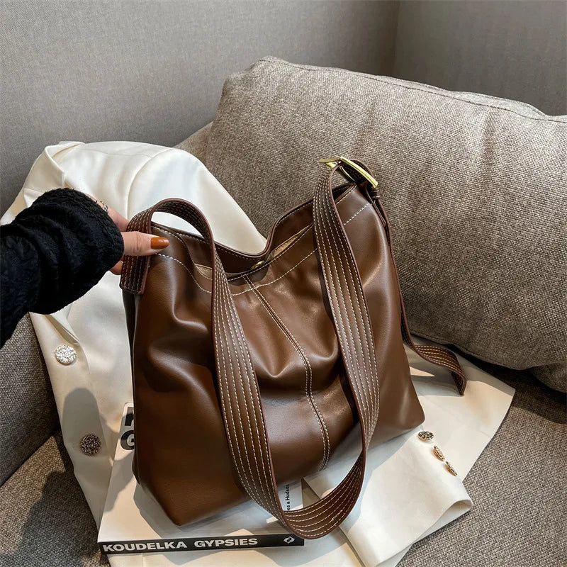 Large Capacity Women Pu Leather Handbags Bucket Bag High Shoulder Travel Bags