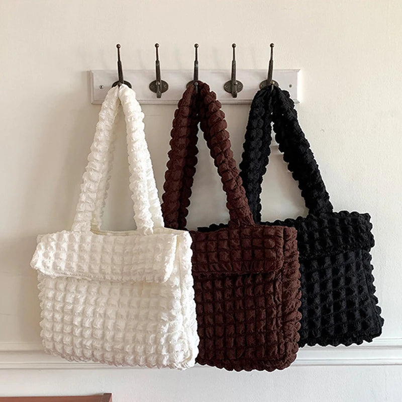 Large Capacity Winter Women Shoulder Bag Lightweight Handbag Solid Pleated Tote