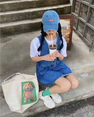 Cartoon Bear Canvas Handbag Large Capacity Reusable Tote Bag for Women