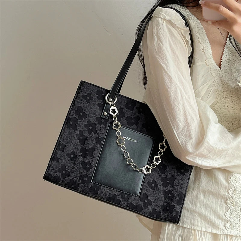 Floral Print Women Tote Shoulder Bag Soft Pu Leather Chain Handb