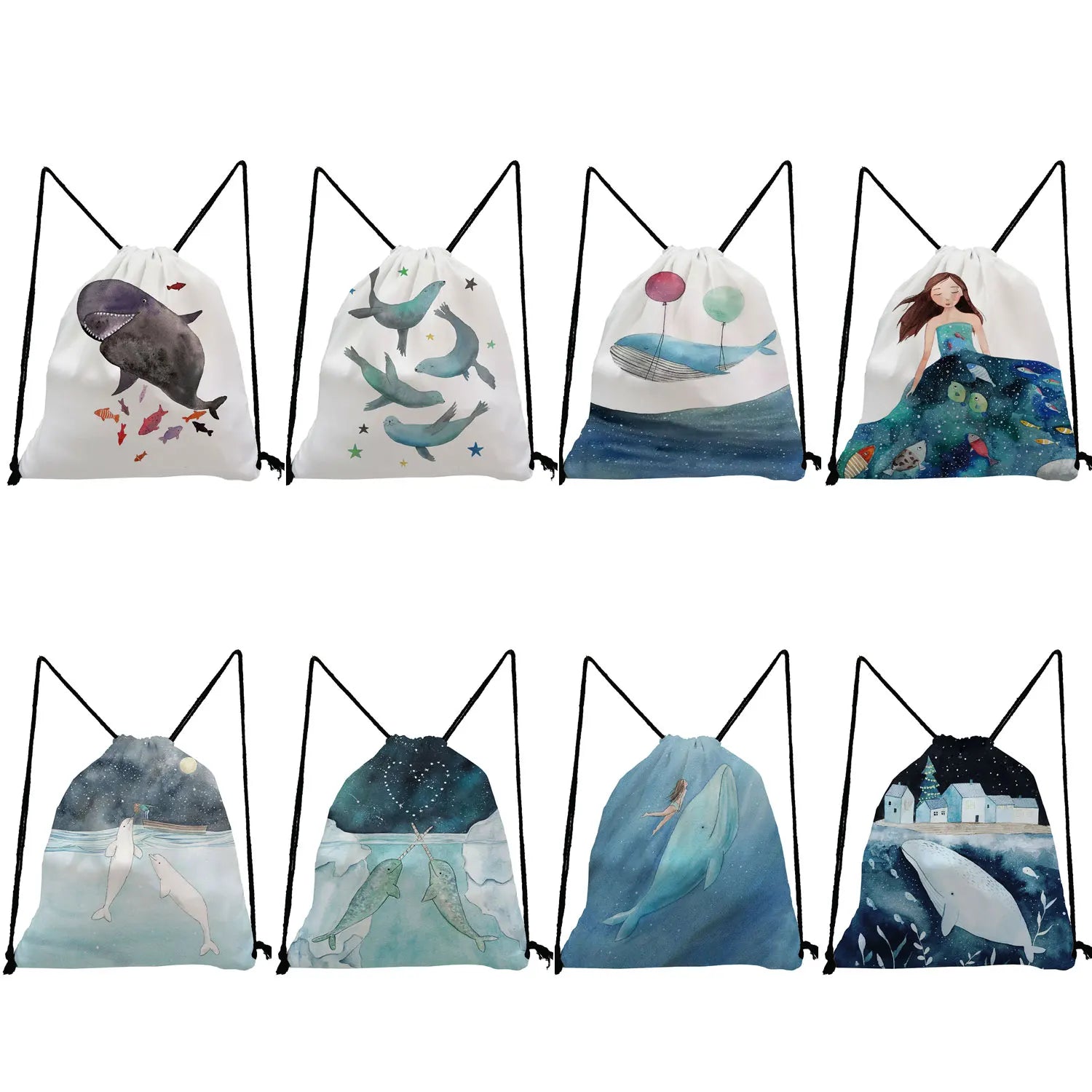 Whale Sea Series Drawstring Backpack Kids Book Bag