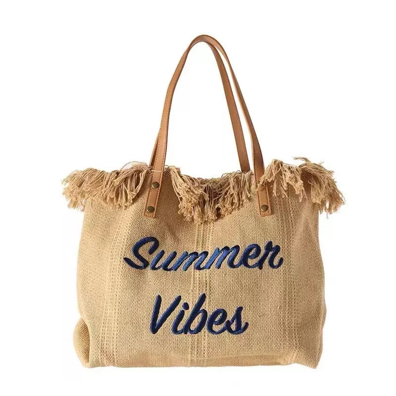 Large Capacity Tassel Shoulder Bag Cotton Canvas Handbag