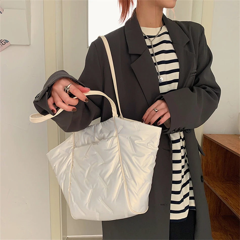 Large Down Fabric Cotton Shoulder Bags for Women Winter Casual
