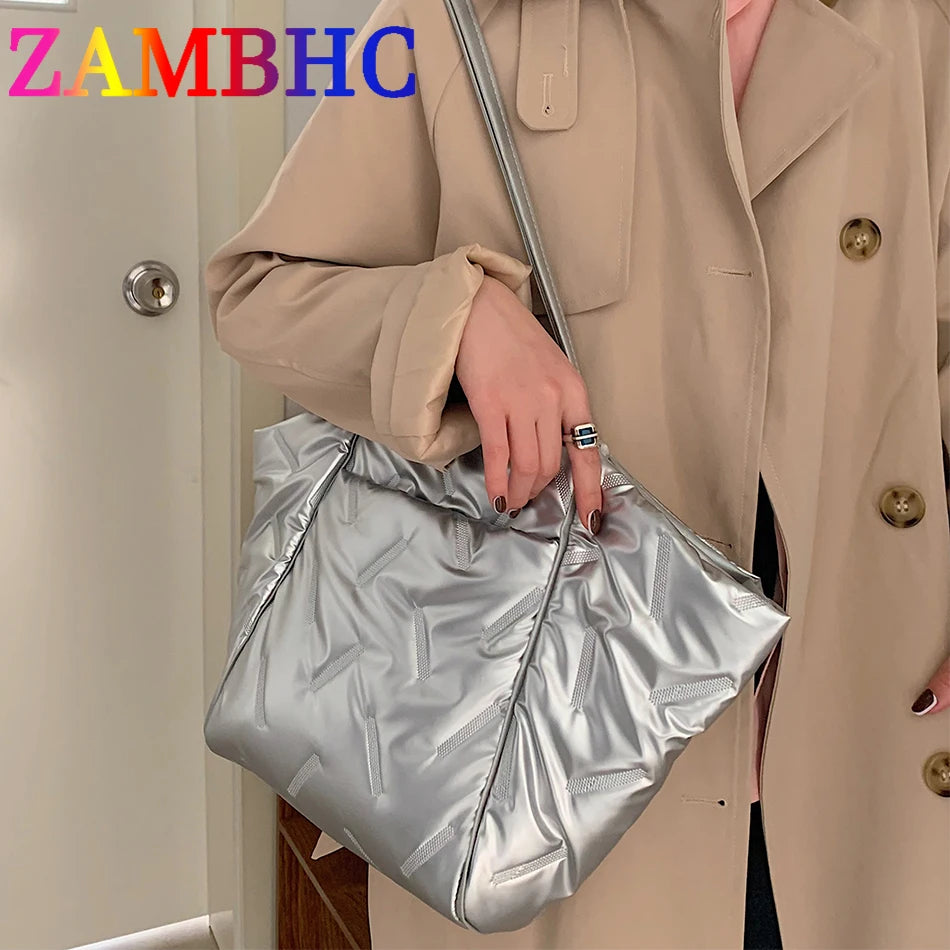 Large Down Fabric Cotton Shoulder Bags for Women Winter Casual
