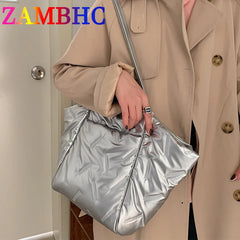 Large Down Fabric Cotton Shoulder Bags for Women Winter Casual
