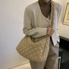 Large Down Feather Shoulder Bags for Women Winter Plaid Crossbody Handbag