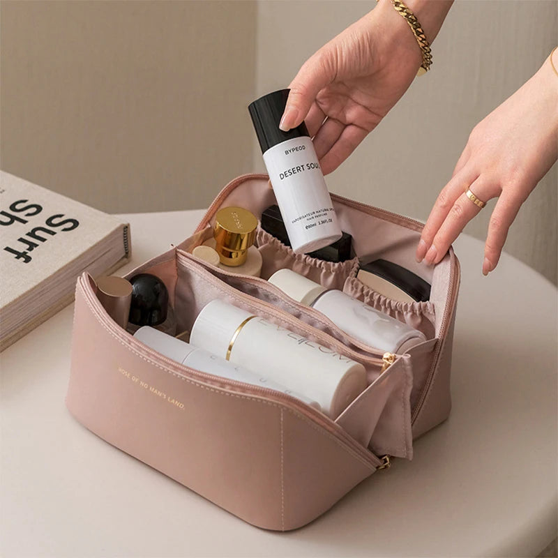 Large Leather Travel Cosmetic Bag for Women - Makeup Organizer
