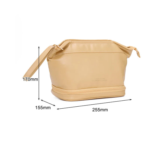 Large Double Layer Makeup Bag PU Leather Travel Organizer Toiletry Pouch