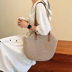 Vintage Round Straw Beach Bag Woven Rattan Bohemian Vacation Bag