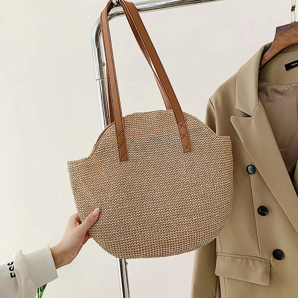 Vintage Round Straw Beach Bag Woven Rattan Bohemian Vacation Bag