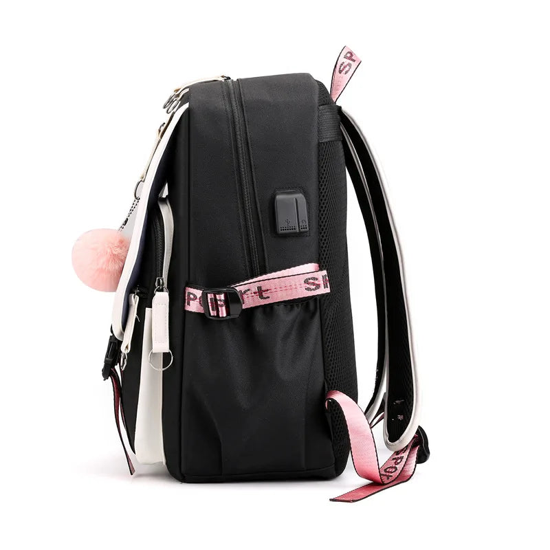 Teen Girls Pink Canvas School Bag USB Port Student Backpack