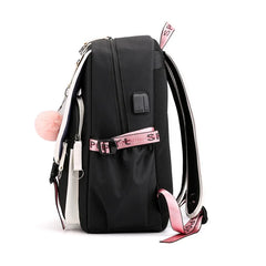 Teen Girls Pink Canvas School Bag USB Port Student Backpack