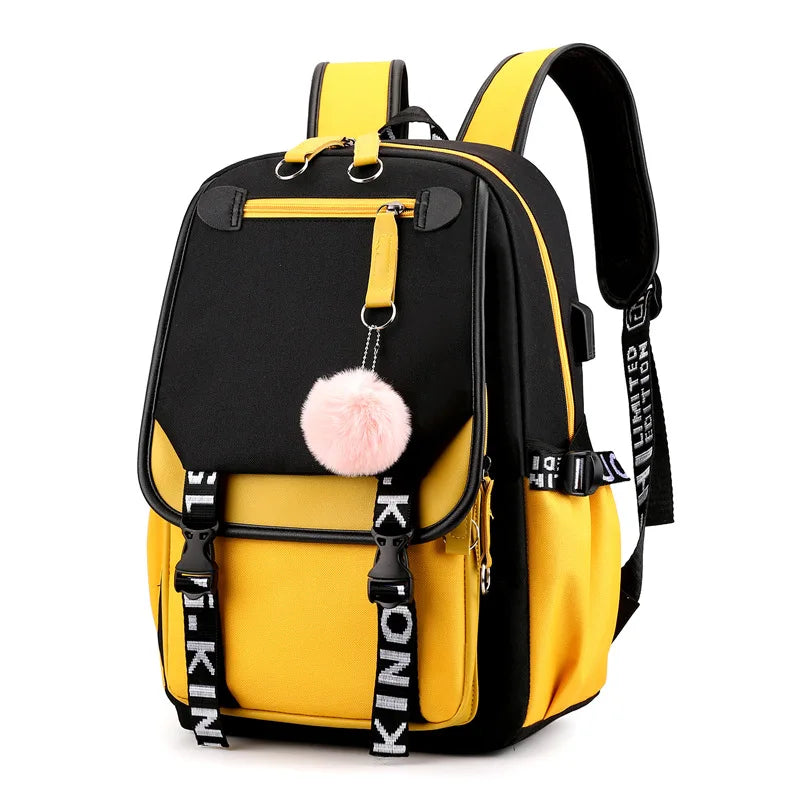 Teen Girls Pink Canvas School Bag USB Port Student Backpack