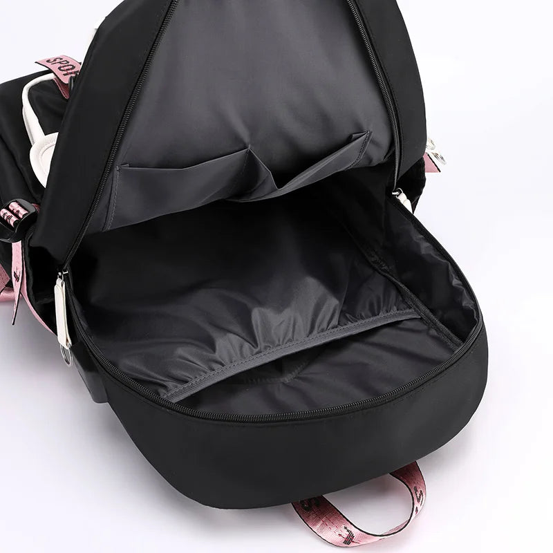 Pink Canvas School Backpack with USB Port for Teen Girls
