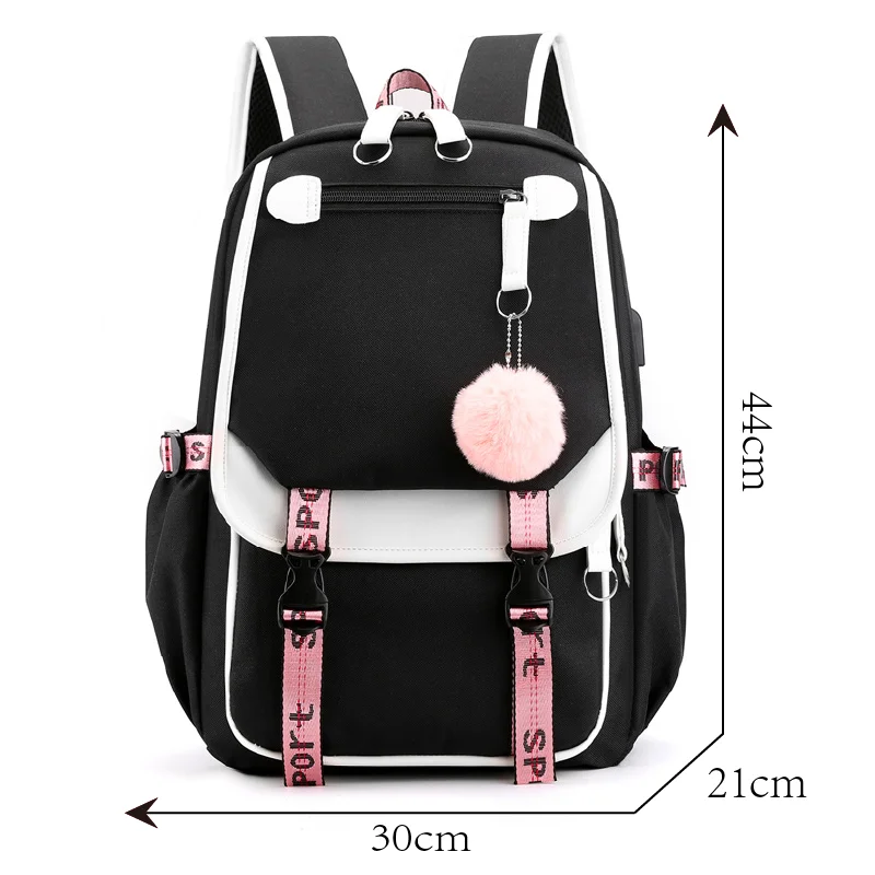 Teen Girls Pink Canvas School Bag USB Port Student Backpack