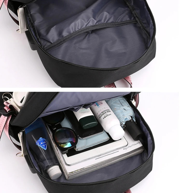 Teen Girls Pink Canvas School Bag USB Port Student Backpack