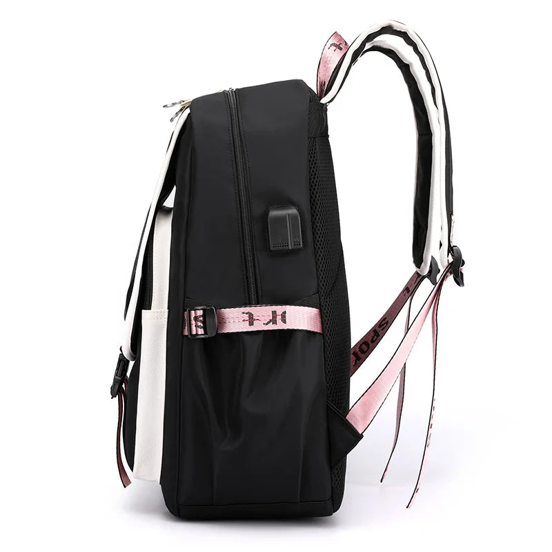 Pink Canvas School Backpack with USB Port for Teen Girls