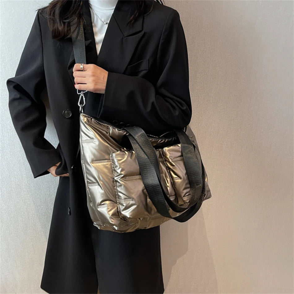 Women's Padded Shoulder Bag Winter Totes Striped Space Crossbody Handbag