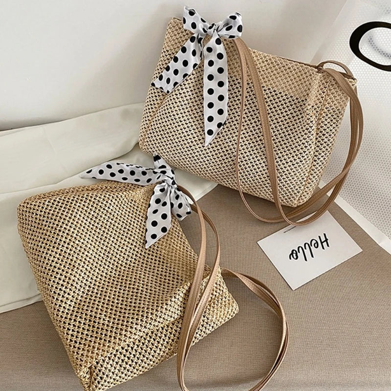Summer Beach Straw Shoulder Bag with Silk Ribbon Handle