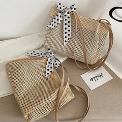 Summer Beach Straw Shoulder Bag with Silk Ribbon Handle