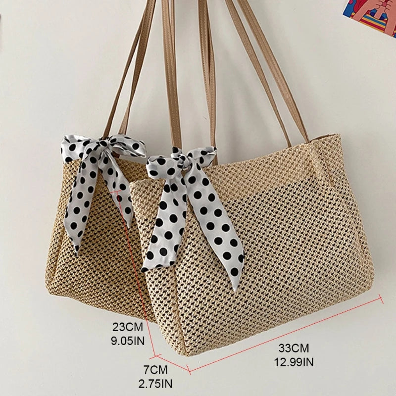 Summer Beach Straw Shoulder Bag with Silk Ribbon Handle